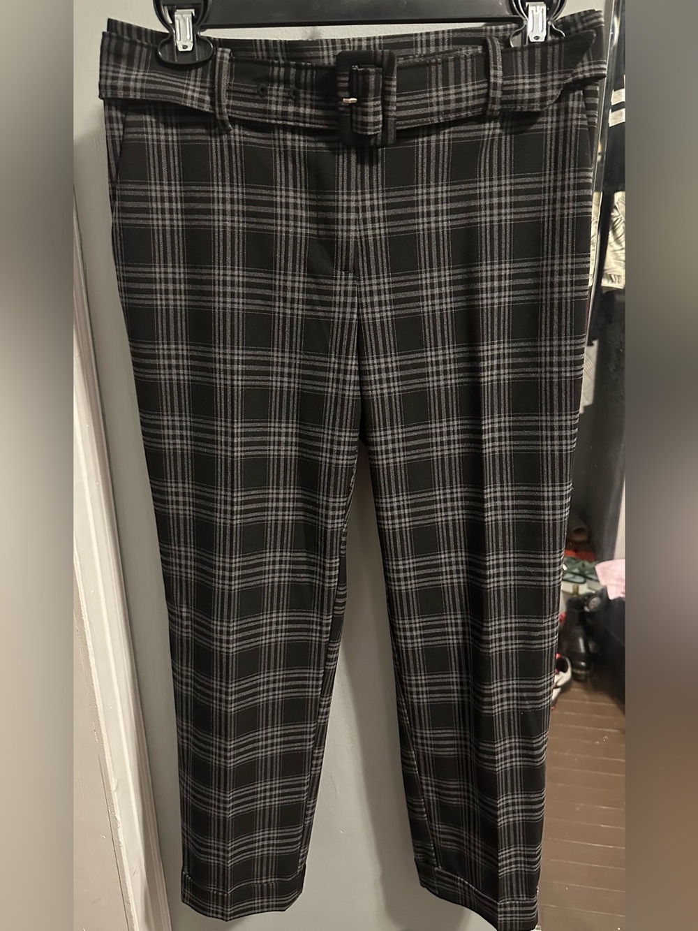 LOFT Black Plaid Skinny Pants with Belt 4P
